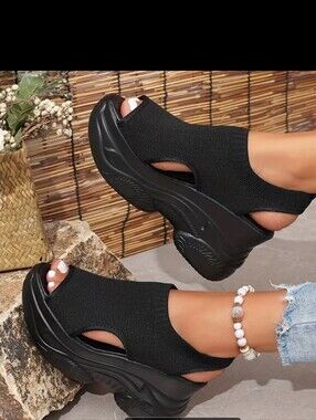 Black Knit Platform Sandals for Women - Stylish Open-Toe Comfort